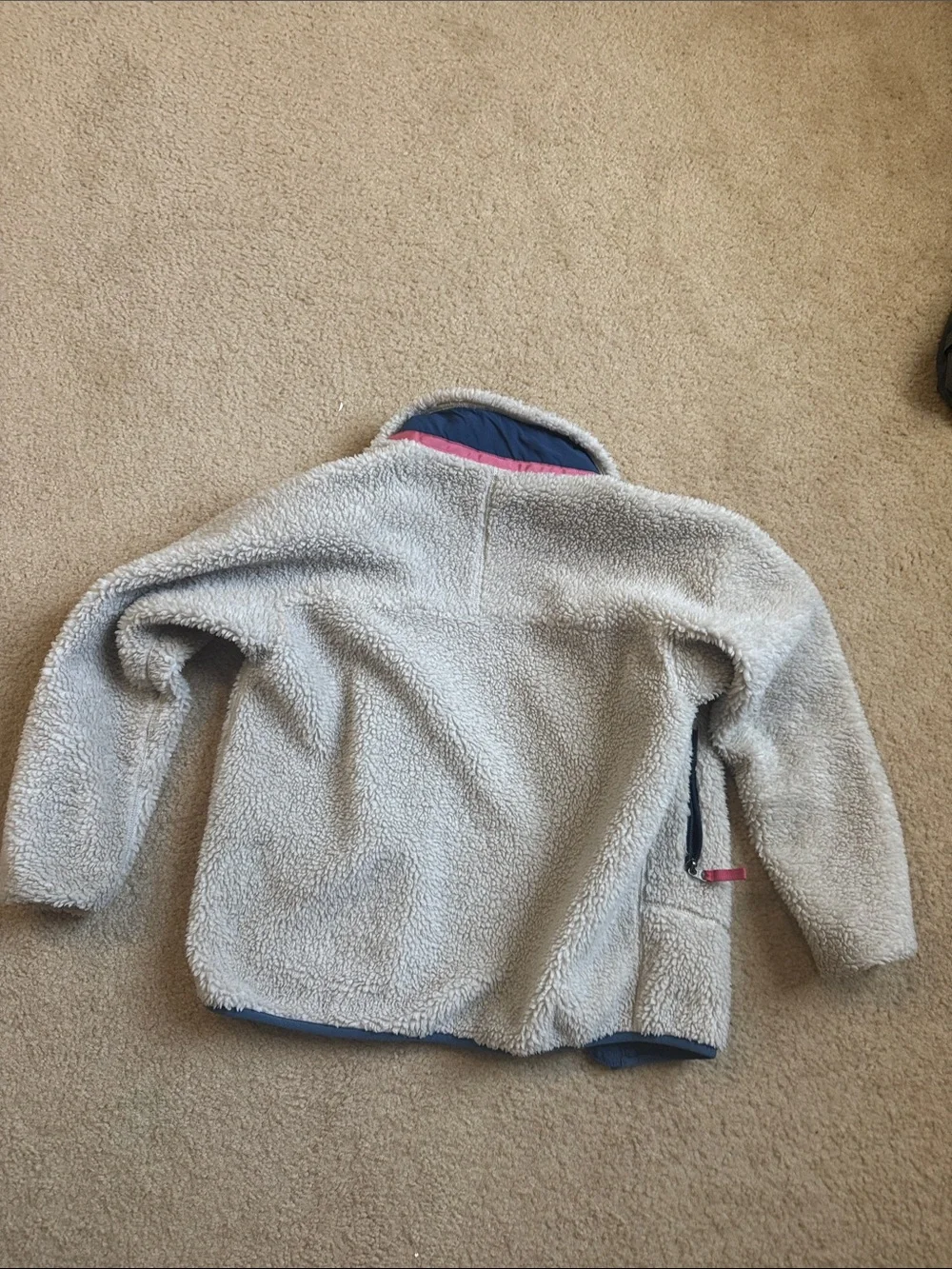 Patagonia Kids Cream Sherpa Jacket with Navy & Pink Trim